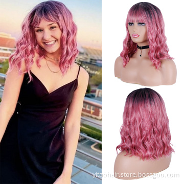 Ombre Pink Wavy Wig with Flat Bangs 14" Synthetic Natural Hair Heat Resistant Fiber Cosplay Wig for Women